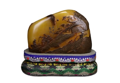 Chinese Black Skin Shoushan Stone Low Relief Pine Tree & Figure Seal Statue
