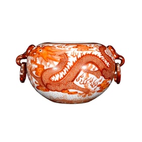 Chinese Qing Dynasty Iron Red Glaze Fortune Dragon Design Porcelain Brush Washer