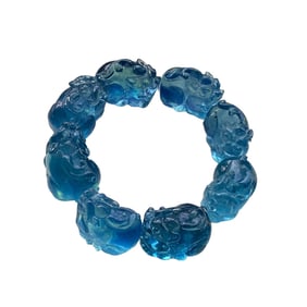 Hand Woven Aquamarine Carved Fortune Pixiu Beads Bracelet