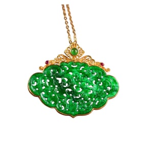 Exquisite 18K Gold Inlay Green Jadeite Carved Ruyi Pendant
