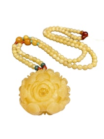Beautiful Beeswax Carved Peony Pendant w Hand Woven Beeswax Beads Necklace