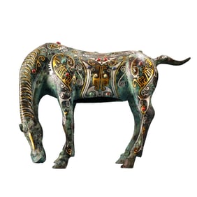 Vintage Chinese Gilt Gold Bronze Inlay Gems Fortune Horse Statue