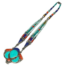 Vintage Silver Inlay Turquoise & Lapis Lazuli Pendant