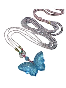 Beautiful Aquamarine Carved Butterfly Pendant w Hand Woven White Crystal Beads Necklace