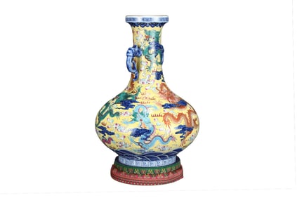 Chinese Gilt Edge Yellow Glaze Blue And White Porcelain Fortune Dragon Design Porcelain Vase