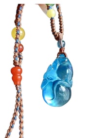 Beautiful Aquamarine Carved Gourd Pendant w Hand Woven Beads Necklace