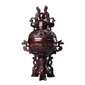 Chinese Gilt Gold Copper Double Ear Phoenix Incense Burner