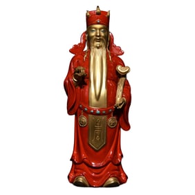 Chinese Qing Dynasty Gilt Gold Iron Red Glaze Fortune Taoism Deity Porcelain Statue