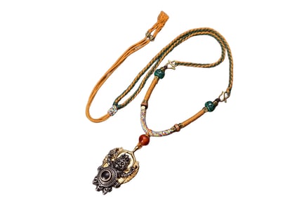 Old Tibetan Gilt Gold Copper Inlay DZI Agate Mahakala Pendant