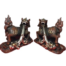 A Pair Vintage Chinese Silver Plated Gilt Gold Copper Fortune Kylin Statues