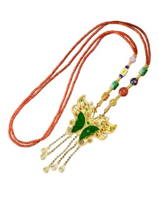 925 Silver Plated Gilt Gold Inlay Jadeite Carved Butterfly Pendant w Nanhong Agate Beads Necklace