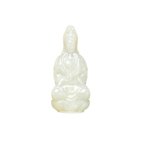 Superb Chinese White Hetian Jade Carved Kwan-yin Pendant