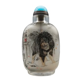 Old Chinese Peking Glass Inside Painting Dog Design Snuff Bottle w Stopper