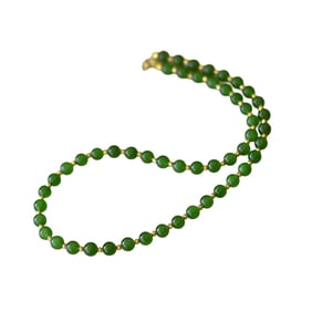 Superb Chinese Green Hetian Jade Beads Necklace w 18K Gold Buckle