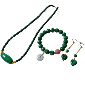 A Set Beautiful Malachite Bead Lucky Pendant w Beads Bracelet & Earring