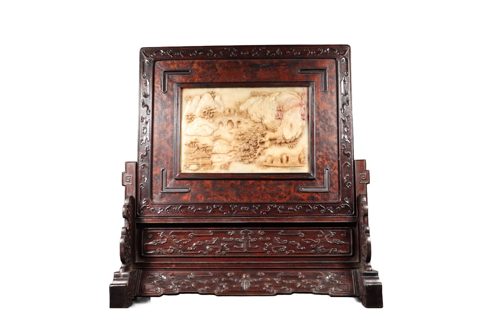 Antique Chinese Zitan Wood Inlay Shoushan Stone Low Relief Visit Friend In Remote Mountains Screen