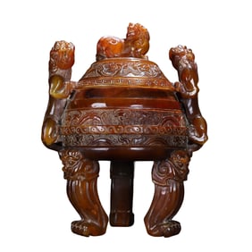 Superb Vintage Ox Horn Carved Double Ear Chi Dragon Incense Burner