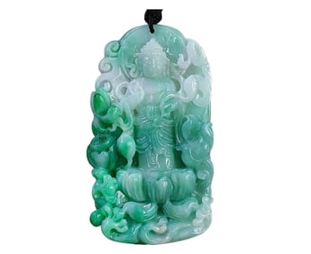 Beautiful Natural Jadeite Carved Kwan-yin Pendant w Hand Woven Necklace