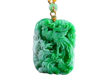Exquisite Jadeite Carved Phoenix & Peony Pendant w Hand Woven Beads Necklace