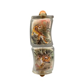 Old Chnese Peking Glass Inside Painting Tiger & Deer Conjoined Snuff Bottle w Stopper