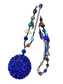 Vintage Lapis Lazuli Carved Lucky Pendant w Hand Woven 925 Silver Turquoise Beads Necklace