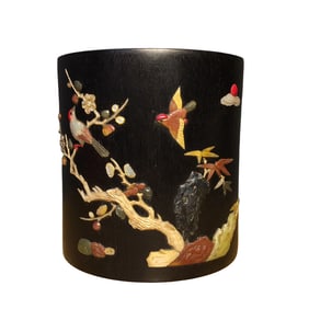 Vintage Chinese Zitan Wood Inlay Shoushan Stone & Shell,Gem Plum Flower & Magpie Brush Pot