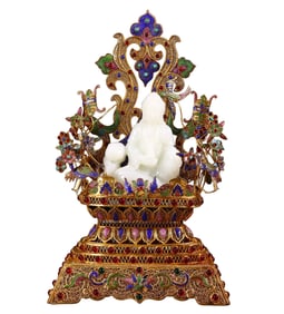 Exquisite Chinese Hetian Jade Carved Kwan-yin Statue w Gold Wires Enamel Inlay Gems Base