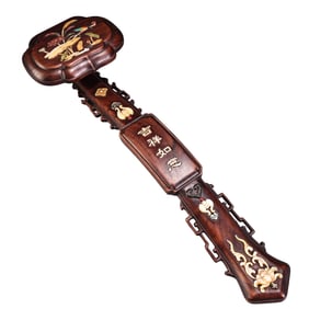 Chinese Huanghuali Wood Inlay Shoushan Stone Lotus Leaf & Lotus Flower Ruyi Scepter Statue