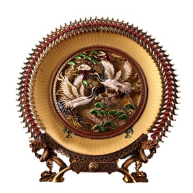 Chinese Gilt Gold Copper Inlay Famille Rose Pine Tree & Crane Porcelain Plate