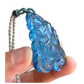 Beautiful Aquamarine Carved Nine-tailed Fox Pendant Hand Woven Beads Necklace