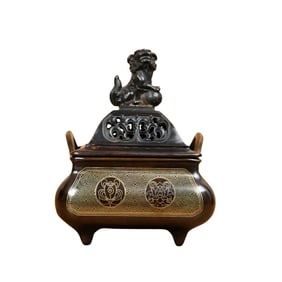Vintage Chinese Coppe Inlay Silver Wires Fortune Lion Incense Burner