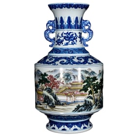 Chinese Famille Rose + Blue And White Porcelain Mountain River Scene Design Porcelain Vase
