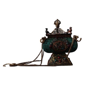 Tibetan Buddhism Gilt Gold Copper Inlay Turquoise & Gems Incense Burner
