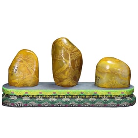 A Set Three Chinese Tianhuang Stone Low Relief Pine Tree & Figure Seal Statues