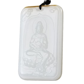 Superb Chinese Hetian Jade Low Relief Kwan-yin Pendant w Certificate