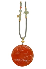 Chinese Nanhong Agate Carved Fortune Deer Pendant w Hand Woven Necklace
