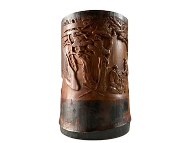 Vintage Chinese Bamboo Low Relief Playing Chess Old Men Brush Pot