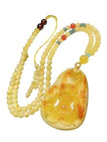 Beautiful Beeswax Carved Fortune Dragon Pendant w Hand Woven Beads Necklace