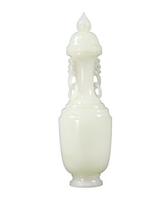 Superb Chinese White Hetian Jade Double Ring Vase