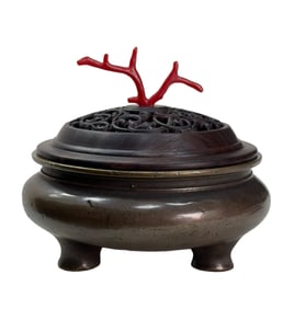 Vintage Chinese Copper Incense Burner w Wood Inlay Red Coral Lidd