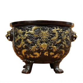 Vintage Chinese Gilt Gold Copper Fortune Dragon Design Incense Burner