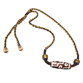 Old Tibetan 9 Eyes DZI Agate Lucky Pendant w Hand Woven Necklace