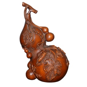 Vintage Chinese Boxwood Wood Carved Fortune Cicada & Gourd Statue
