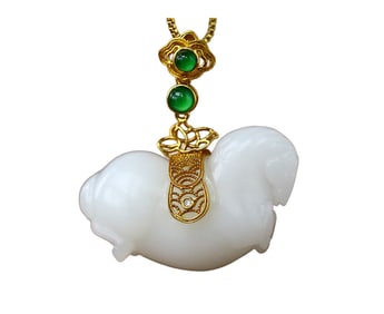 Superb Chinese 18K Gold Inlay White Hetian Jade Carved Fortune Horse Pendant