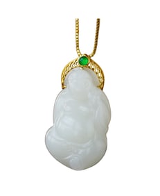 Superb Chinese 18K Gold Inlay White Hetian Jade Carved Laughing Buddha Pendant