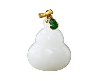 Superb Chinese 18K Gold Inlay White Hetian Jade Carved Gourd Pendant