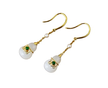 Exquisite Chinese 18K Gold Inlay White Hetian Jade & Green Jadeite Carved Gourd Earring