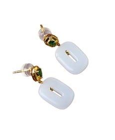 Exquisite Chinese 18K Gold Inlay White Hetian Jade & Green Jadeite Earring