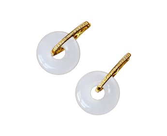 Exquisite Chinese 18K Gold Inlay White Hetian Jade Earring