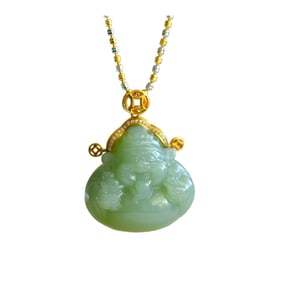 High Quality Chinese 18K Gold Inlay Green Hetian Jade Carved Fortune Taoism Deity Pendant